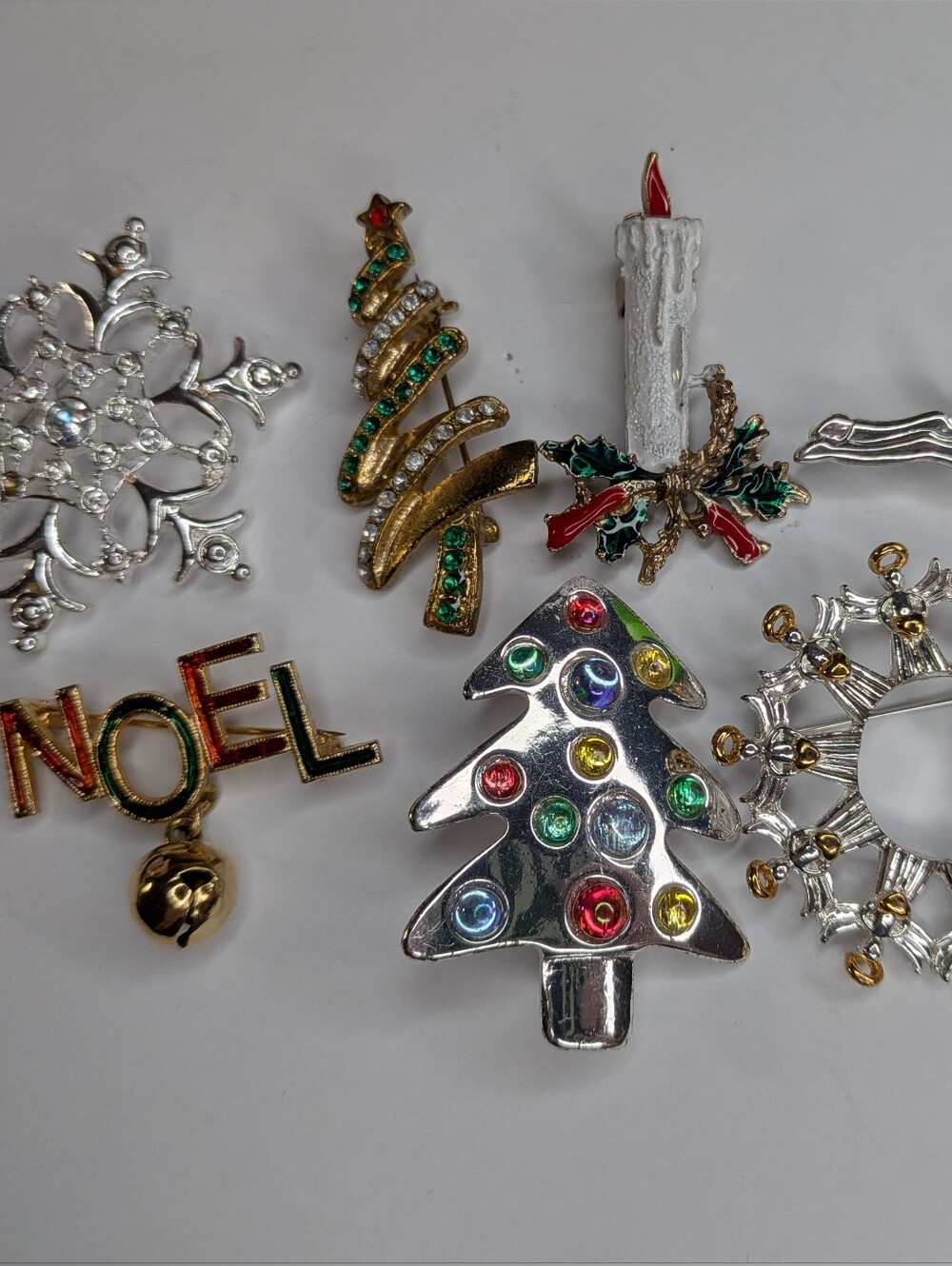 Holiday Tree Brooch Pin - Silver with Multicolor Accents Lot Of Christmas Themed